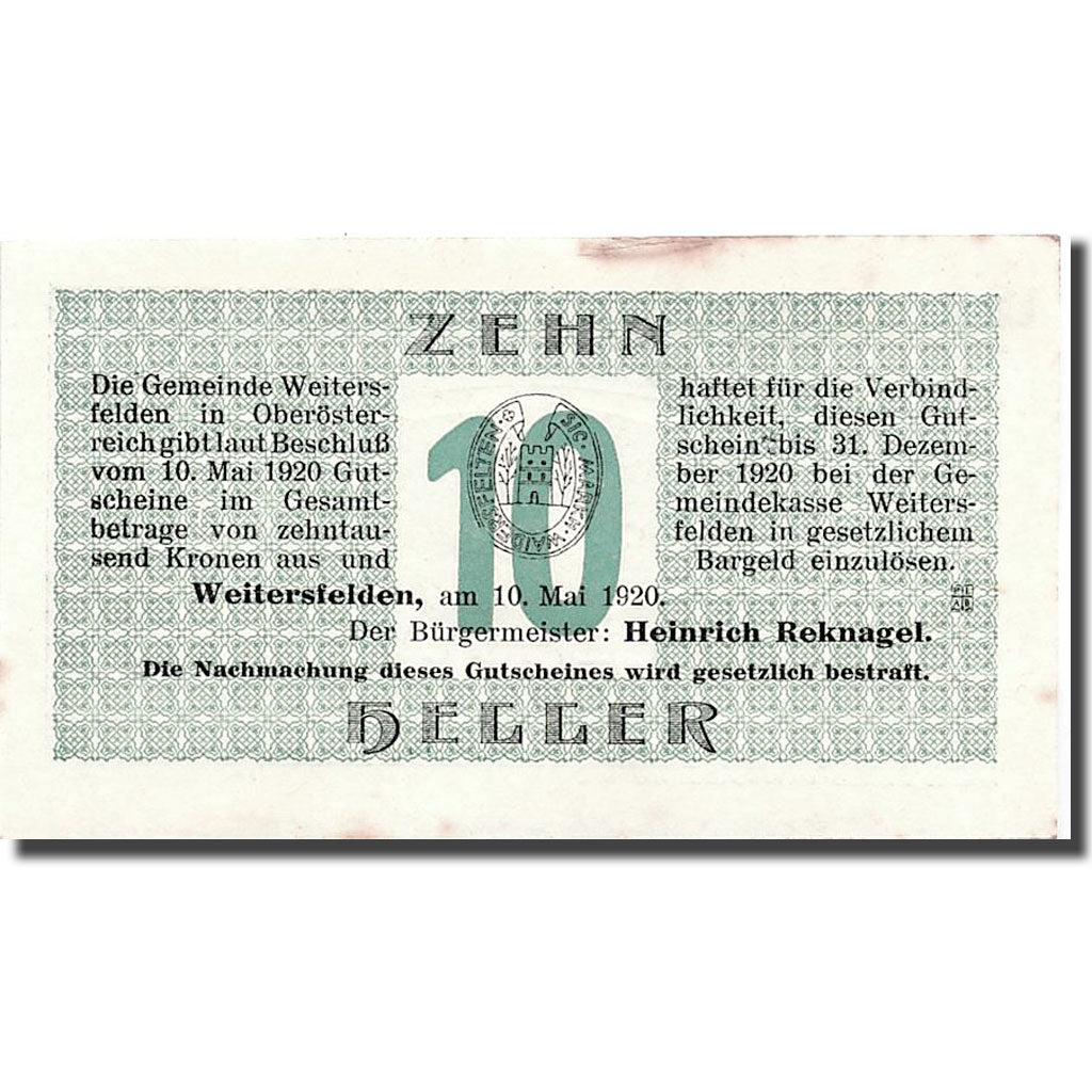 Geldschein, Österreich, Weitersfelden, 10 Heller, paysage, 1920, 1920-05-10