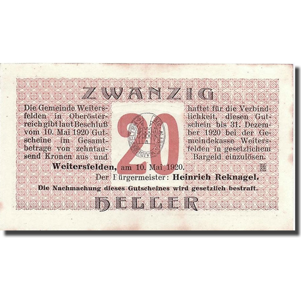 Geldschein, Österreich, Weitersfelden, 20 Heller, paysage, 1920, 1920-05-10