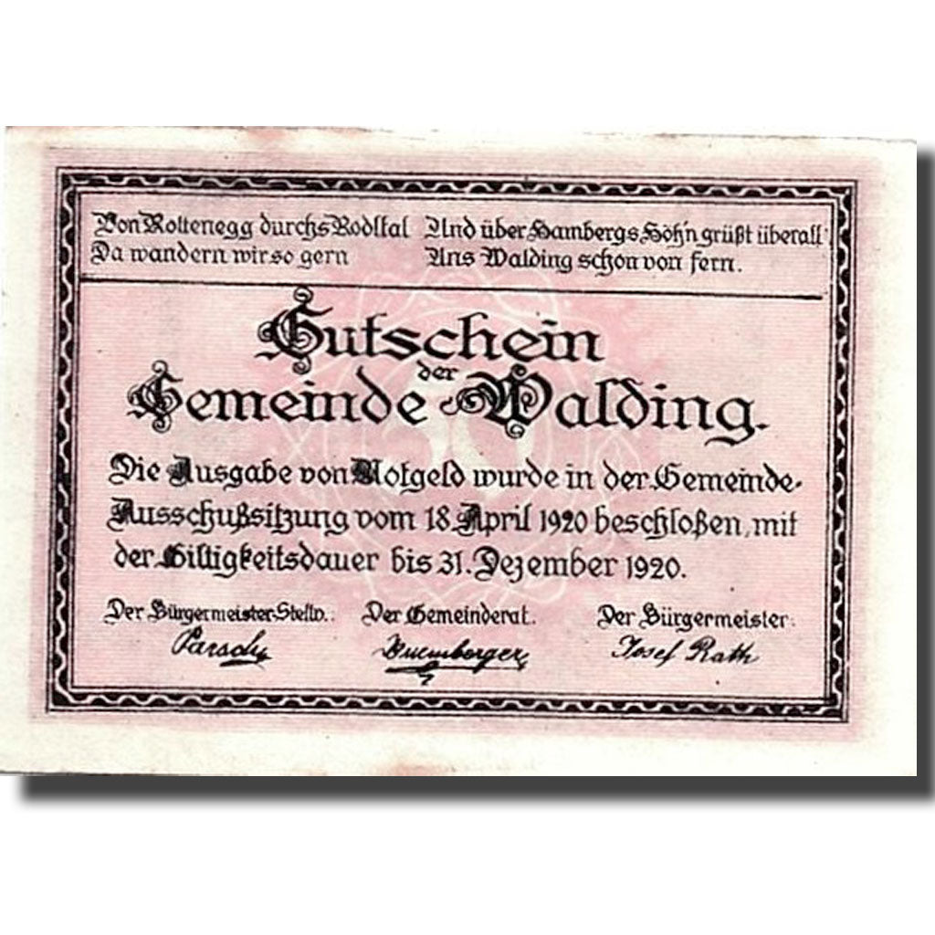 Geldschein, Österreich, Walding, 50 Heller, paysage, 1920, 1920-04-18, UNZ-