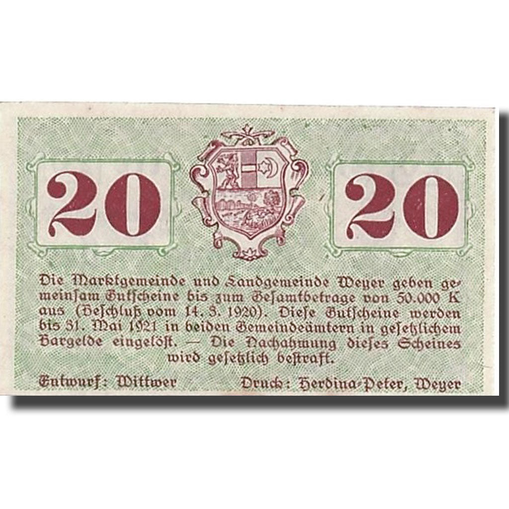 Geldschein, Österreich, Weyer Markt, 20 Heller, Monument, 1920, 1920-03-14