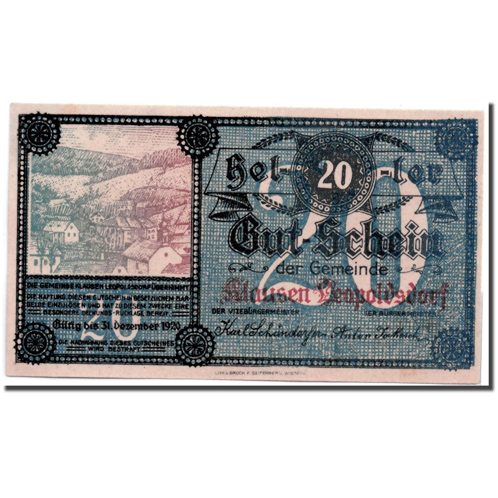 Geldschein, Österreich, Klausen Leopoldsdorf, 20 Heller, paysage, UNZ-, Mehl:FS