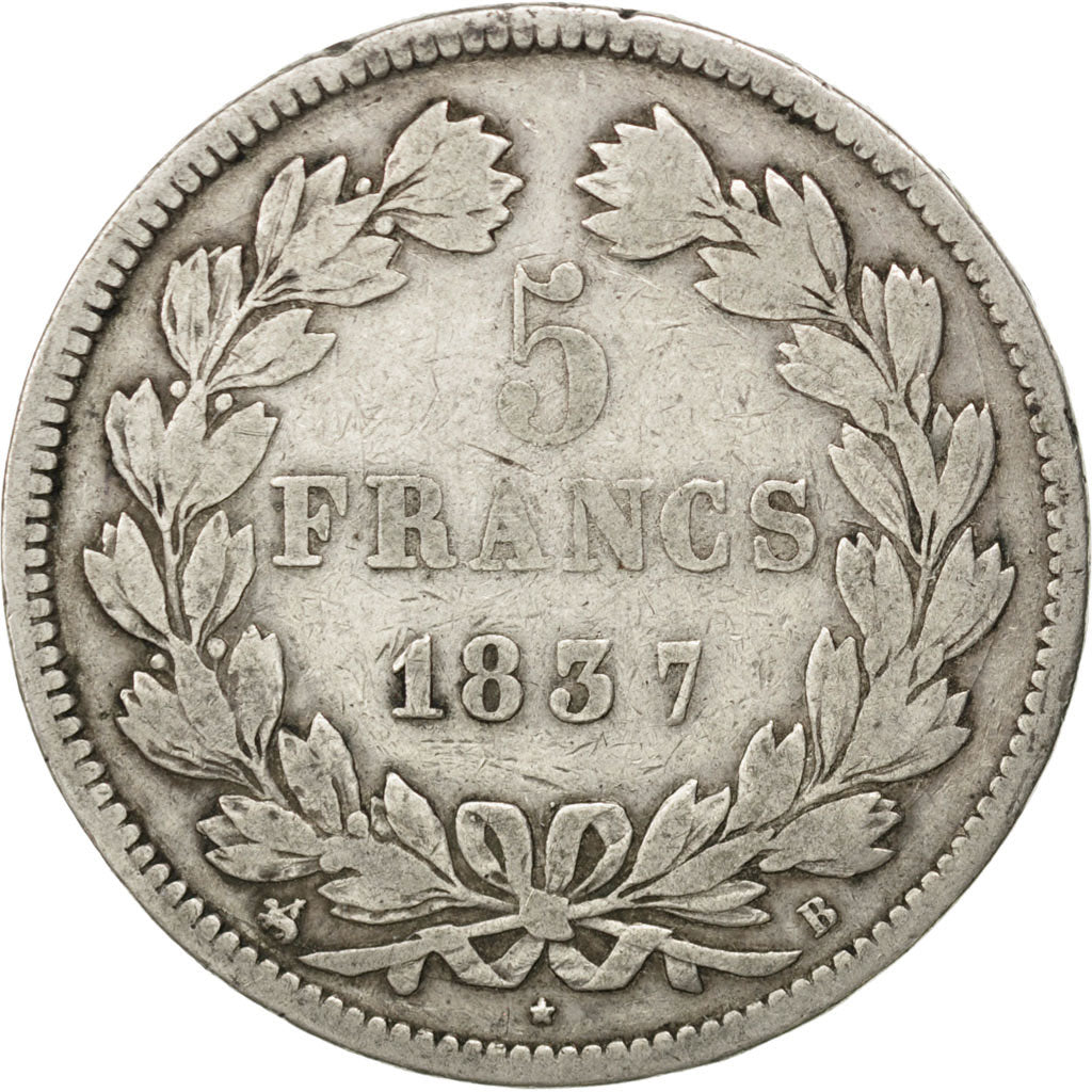 Coin, France, Louis-Philippe, 5 Francs, 1837, Rouen, VF(30-35), Silver
