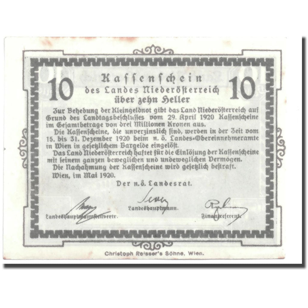 Geldschein, Österreich, Niederösterreich, 10 Heller, paysage, 1920