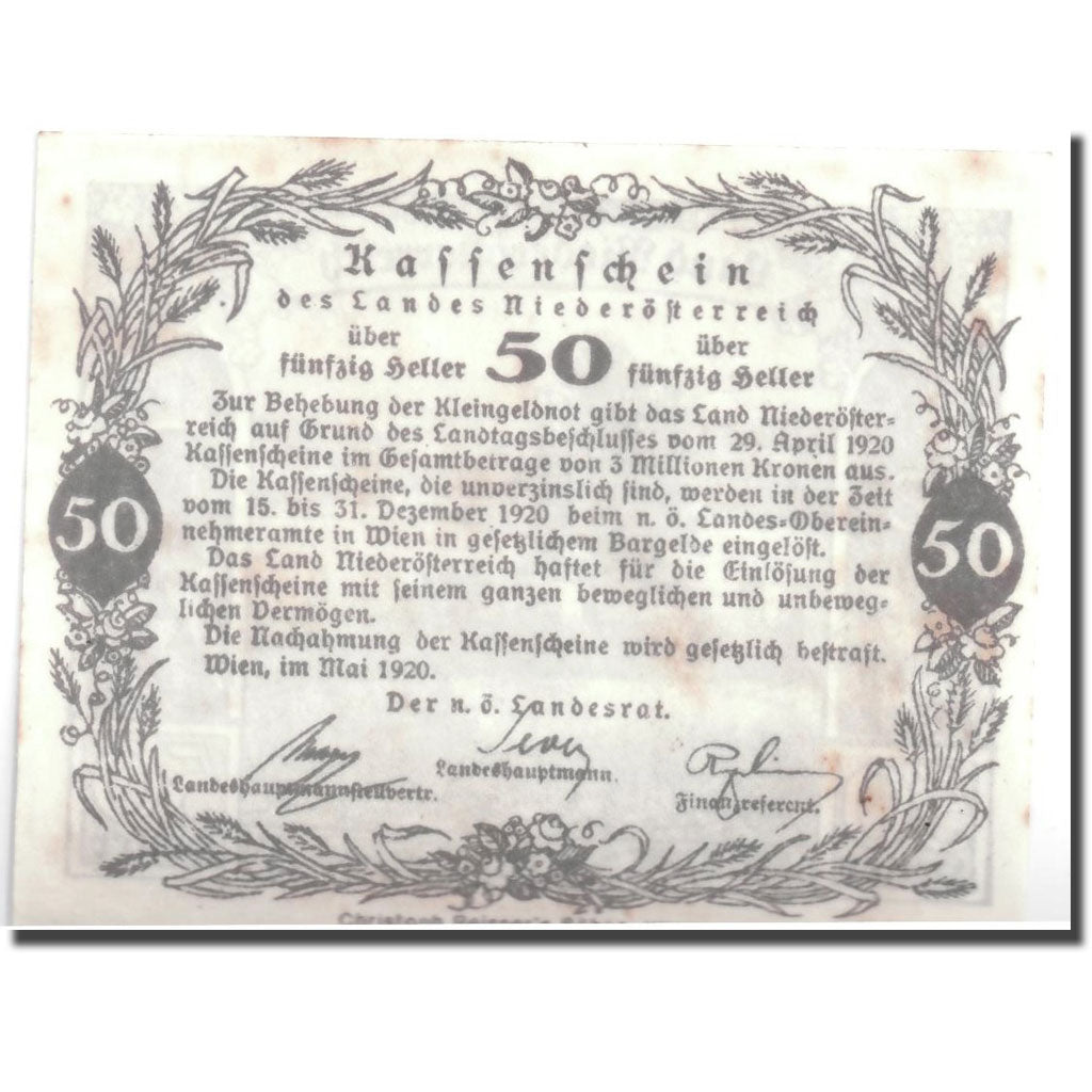 Geldschein, Österreich, Niederösterreich, 50 Heller, paysage, 1920