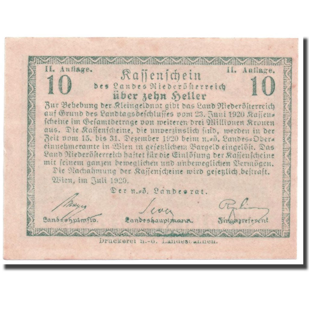 Geldschein, Österreich, Niederösterreich, 10 Heller, paysage, 1920
