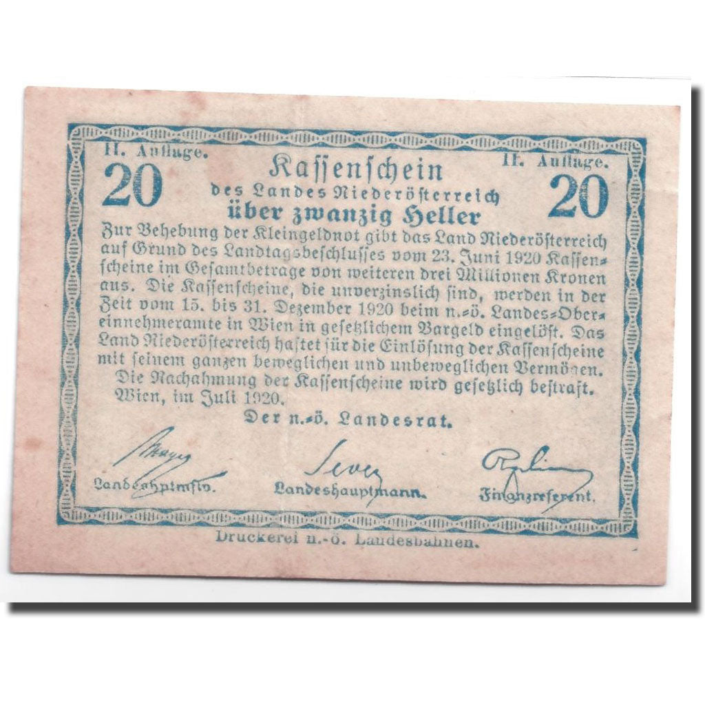 Geldschein, Österreich, Niederösterreich, 20 Heller, paysage 1, 1920