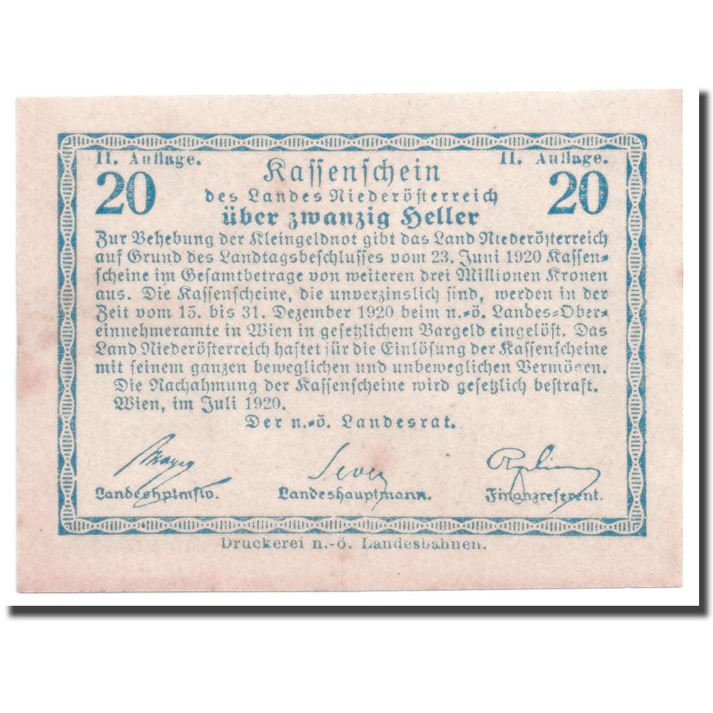 Geldschein, Österreich, Niederösterreich, 20 Heller, paysage 2, 1920