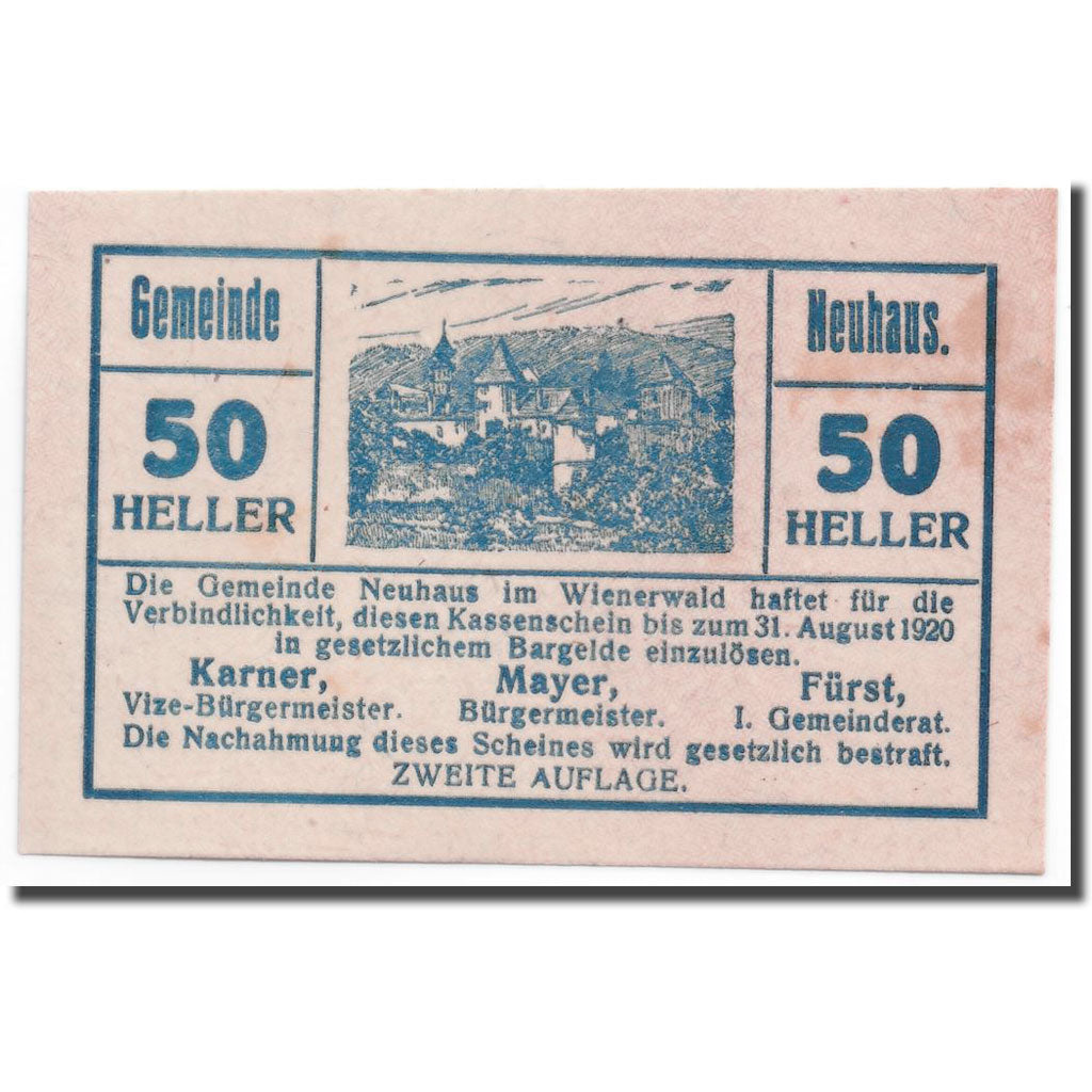 Geldschein, Österreich, Neuhaus, 50 Heller, paysage, UNZ-, Mehl:646a