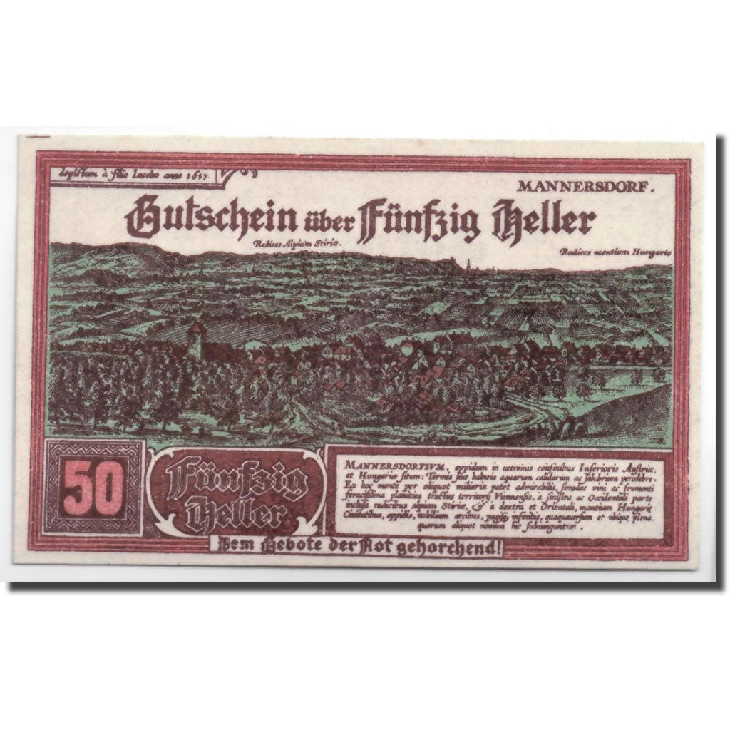 Geldschein, Österreich, Mannersdorf, 50 Heller, paysage, 1920, 1920-05-20