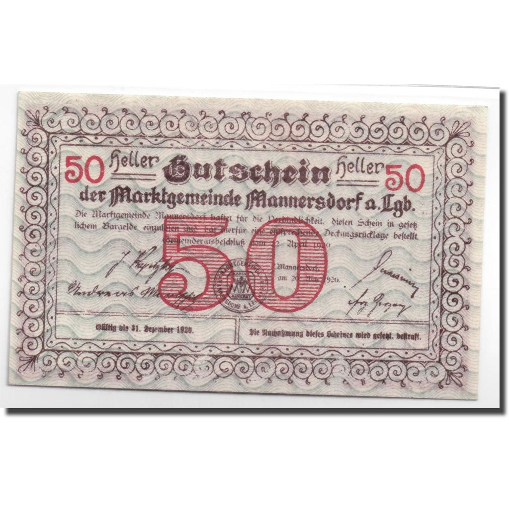 Geldschein, Österreich, Mannersdorf, 50 Heller, paysage, 1920, 1920-05-20