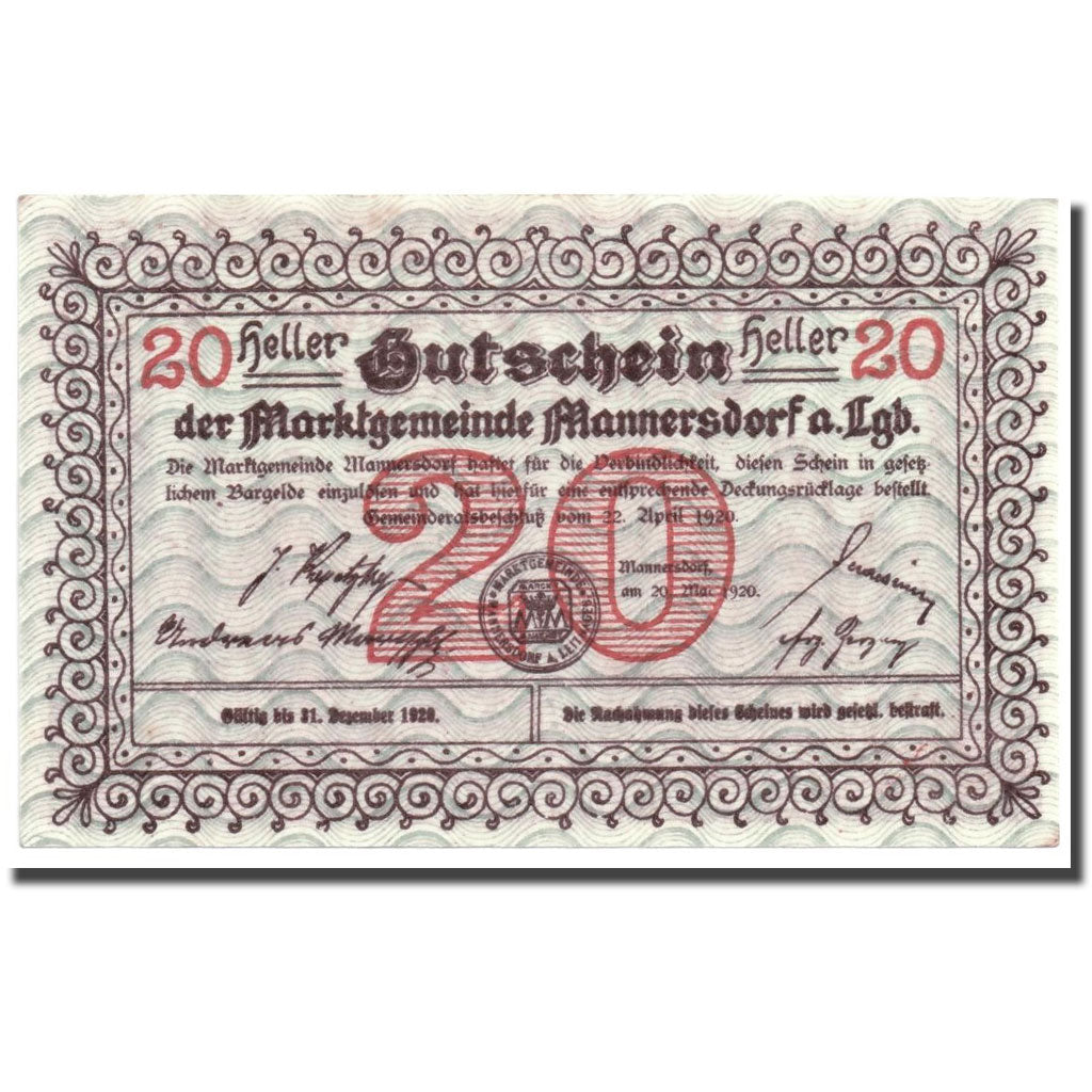 Geldschein, Österreich, Mannersdorf, 20 Heller, paysage, 1920, 1920-05-20