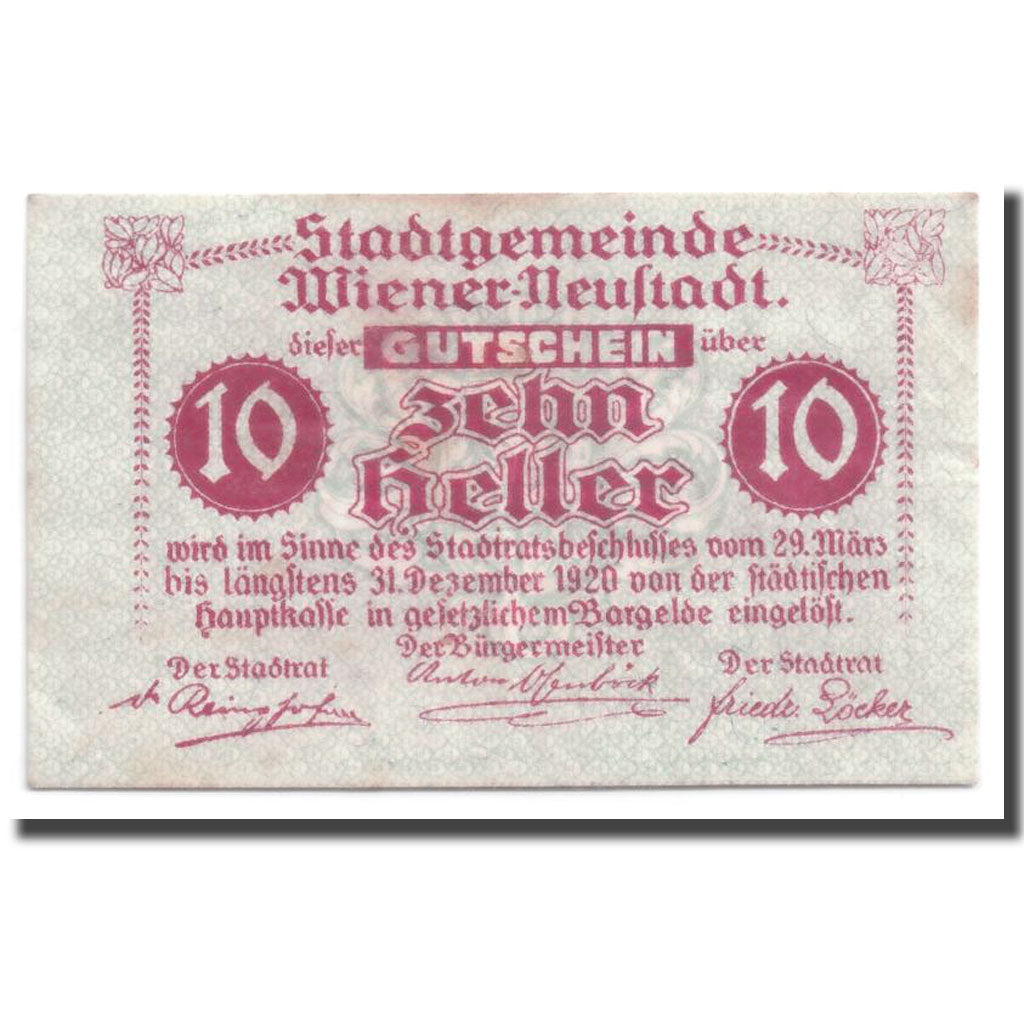Geldschein, Österreich, Wiener Neustadt, 10 Heller, château, 1920, 1920-03-29