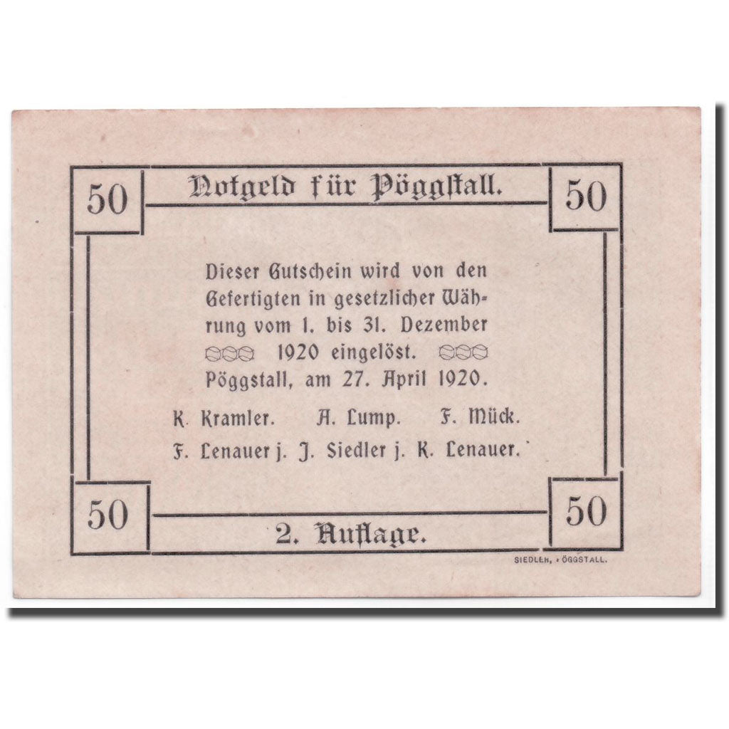 Geldschein, Österreich, Pöggstall, 50 Heller, paysage, 1920, 1920-04-27, UNZ-