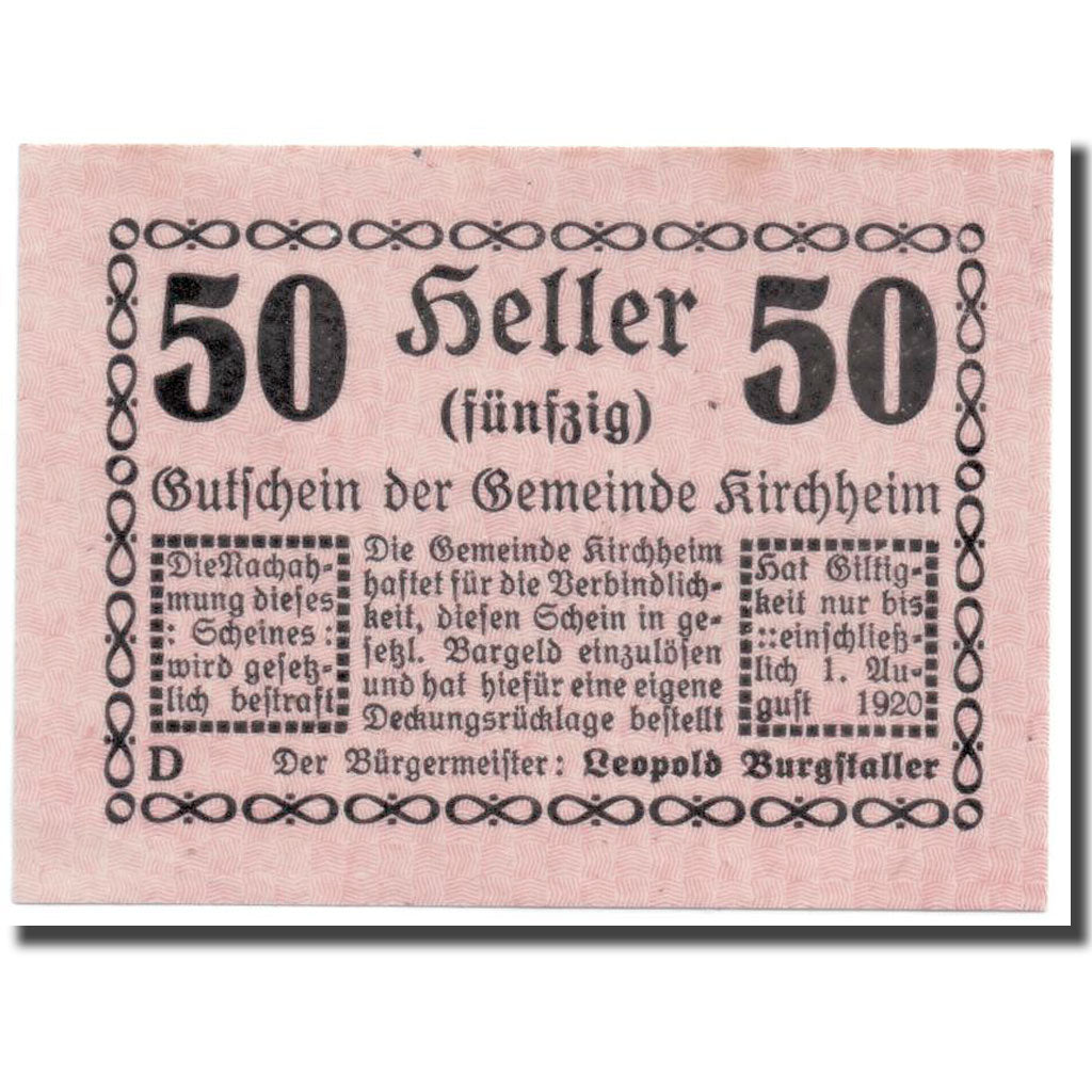 Geldschein, Österreich, Kirchheim, 50 Heller, graphique 1, UNZ-, Mehl:447 IIa
