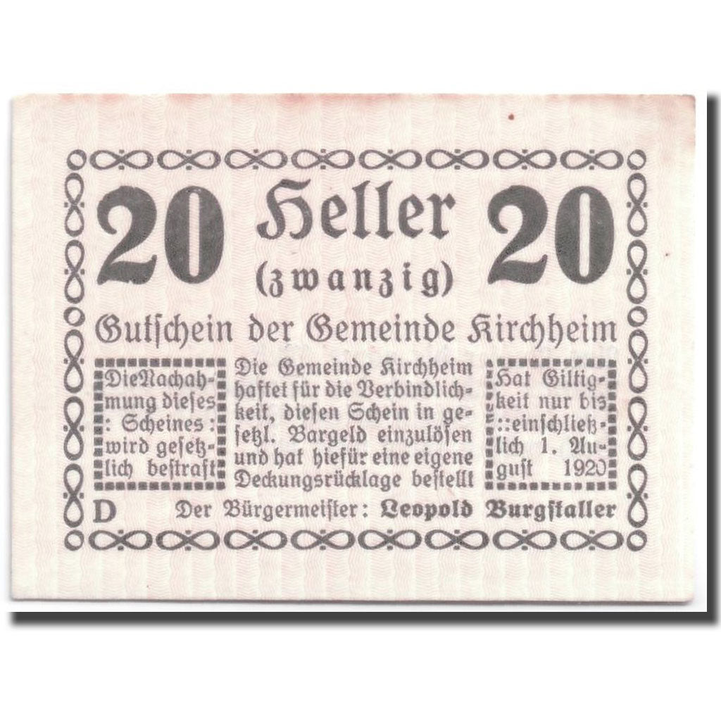 Geldschein, Österreich, Kirchheim, 20 Heller, graphique, UNZ-, Mehl:447 IIa