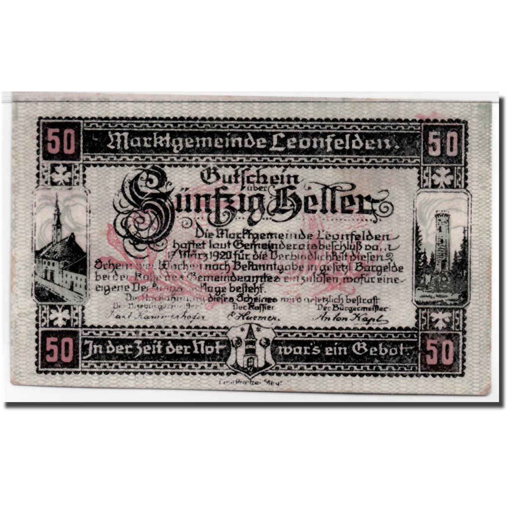 Geldschein, Österreich, Leonfelden O.Ö. Marktgemeinde, 50 Heller, paysage