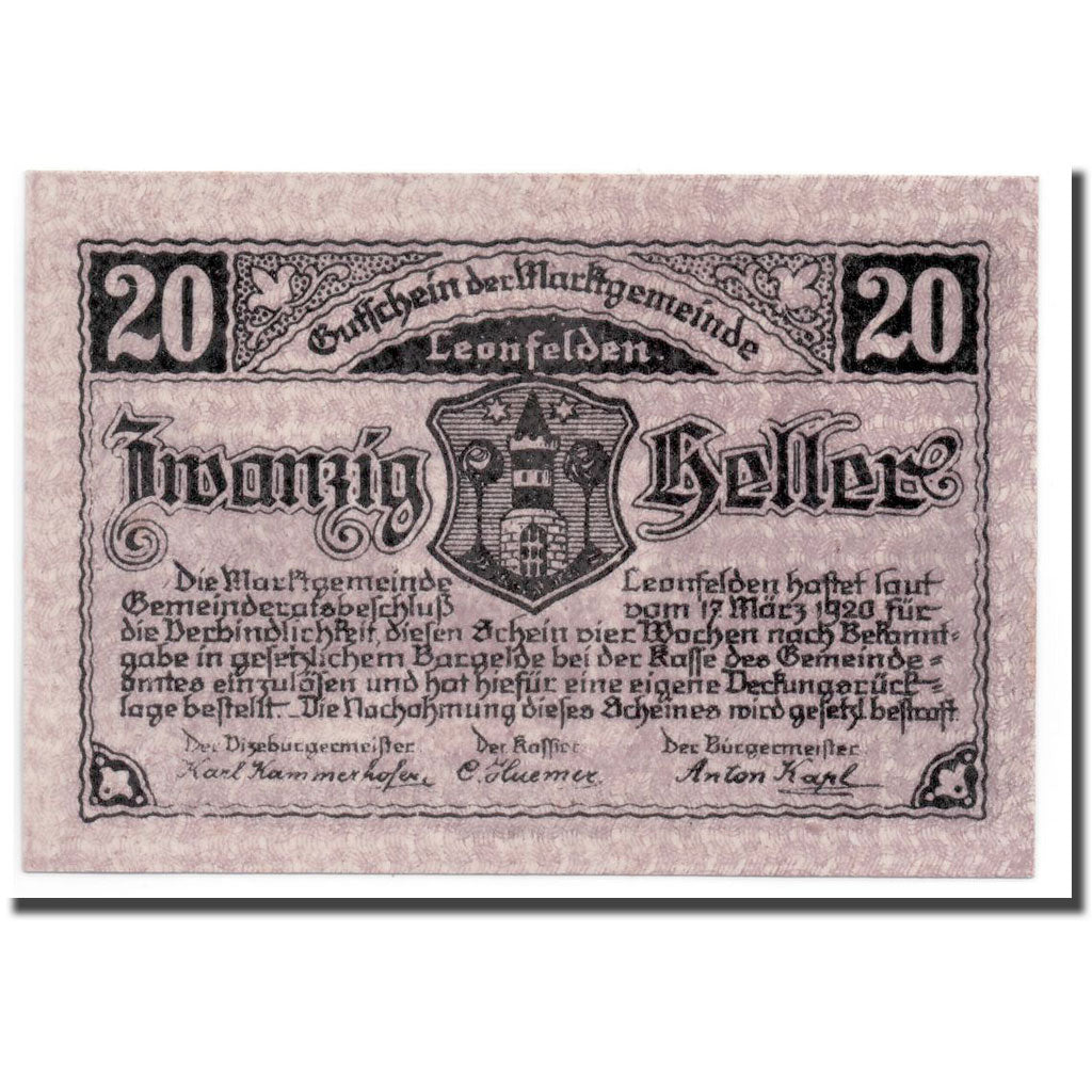 Geldschein, Österreich, Leonfelden O.Ö. Marktgemeinde, 20 Heller, paysage