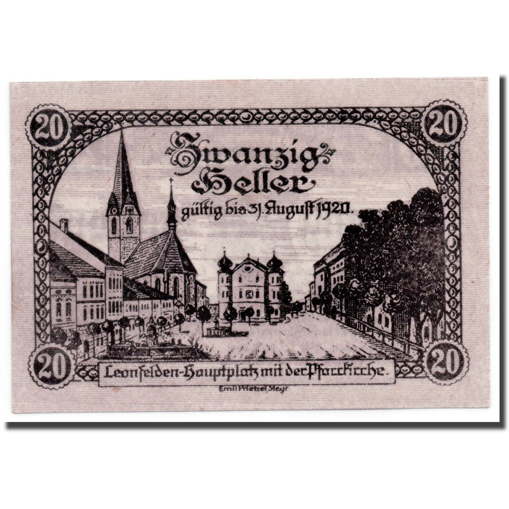 Geldschein, Österreich, Leonfelden O.Ö. Marktgemeinde, 20 Heller, paysage