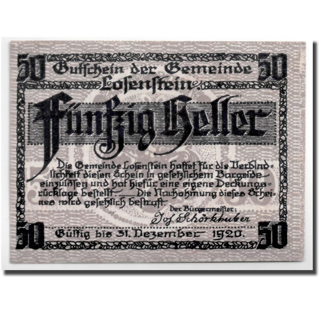 Geldschein, Österreich, Losenstein, 50 Heller, paysage, 1919, 1919-12-07, UNZ-