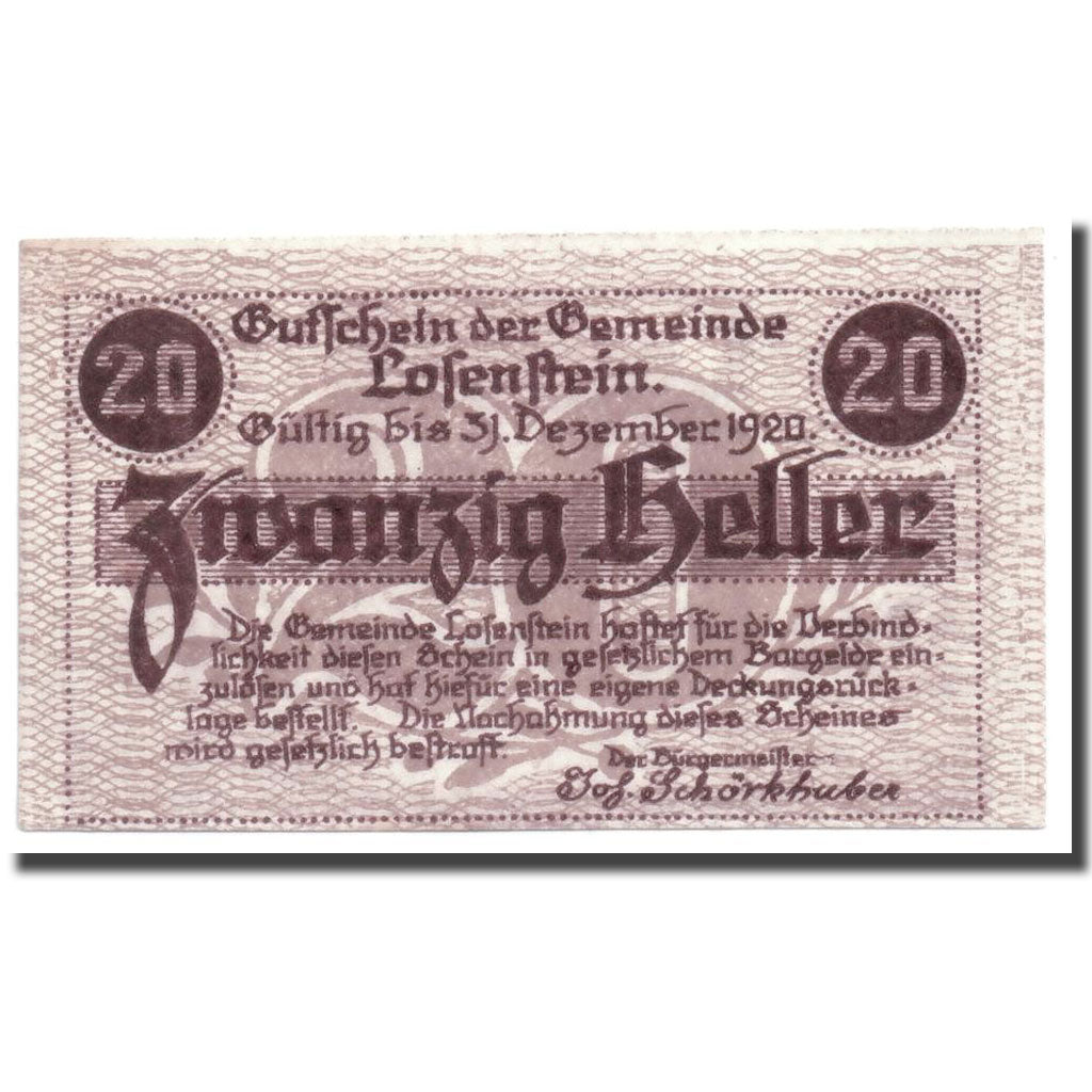 Geldschein, Österreich, Losenstein, 20 Heller, paysage, 1919, 1919-12-07, UNZ-