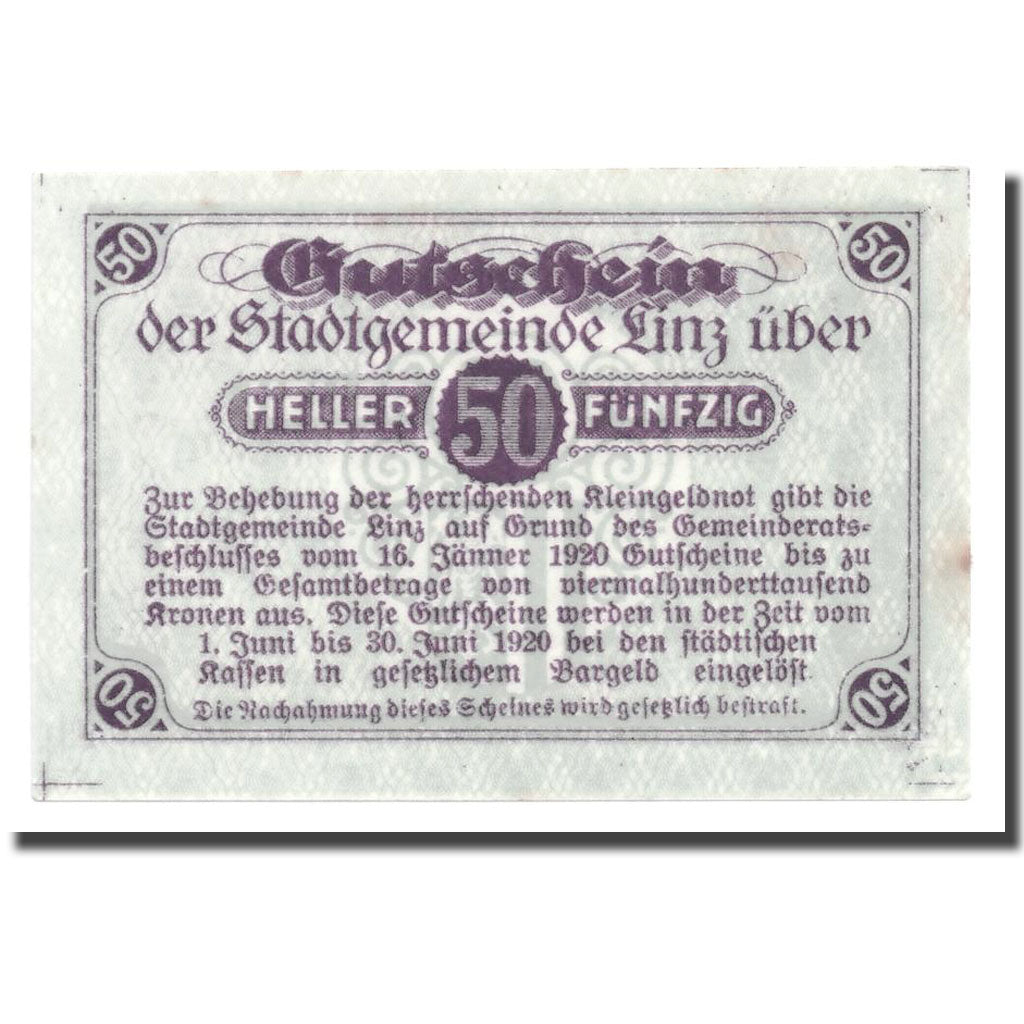 Geldschein, Österreich, Linz, 50 Heller, graphique, 1920, 1920-01-16, UNZ-
