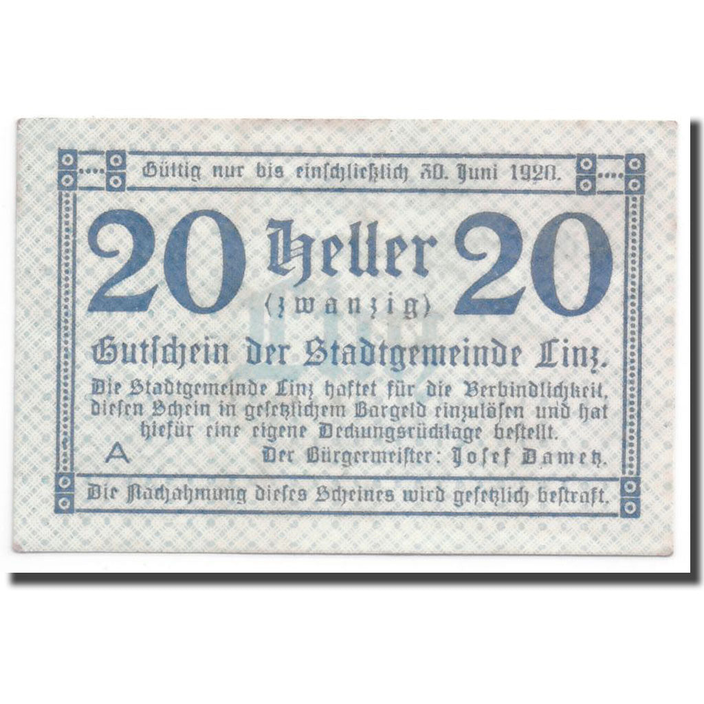 Geldschein, Österreich, Linz, 20 Heller, graphique, 1920, 1920-01-16, UNZ-