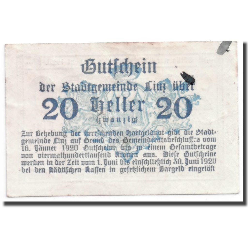 Geldschein, Österreich, Linz, 20 Heller, graphique, 1920, 1920-01-16, UNZ-