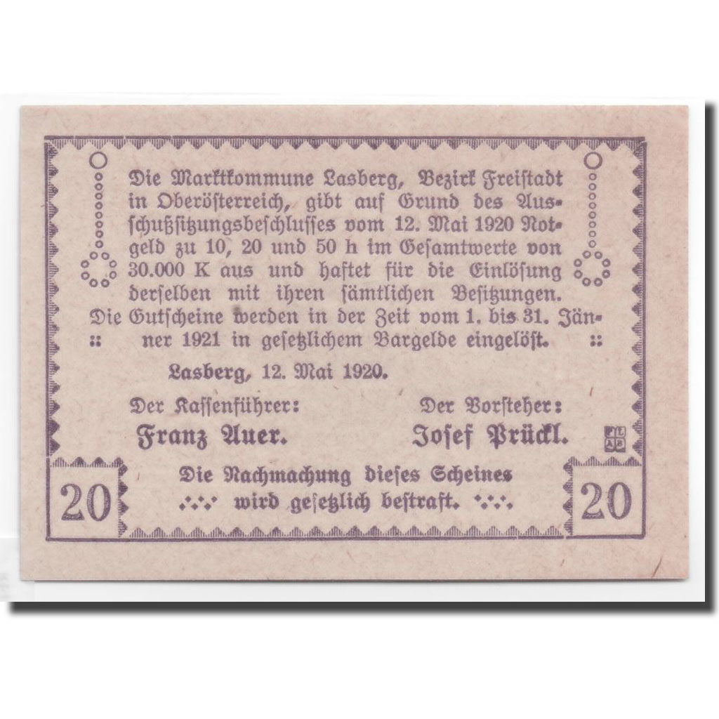 Geldschein, Österreich, Lasberg, 20 Heller, paysage, 1920, 1920-05-12, UNZ-