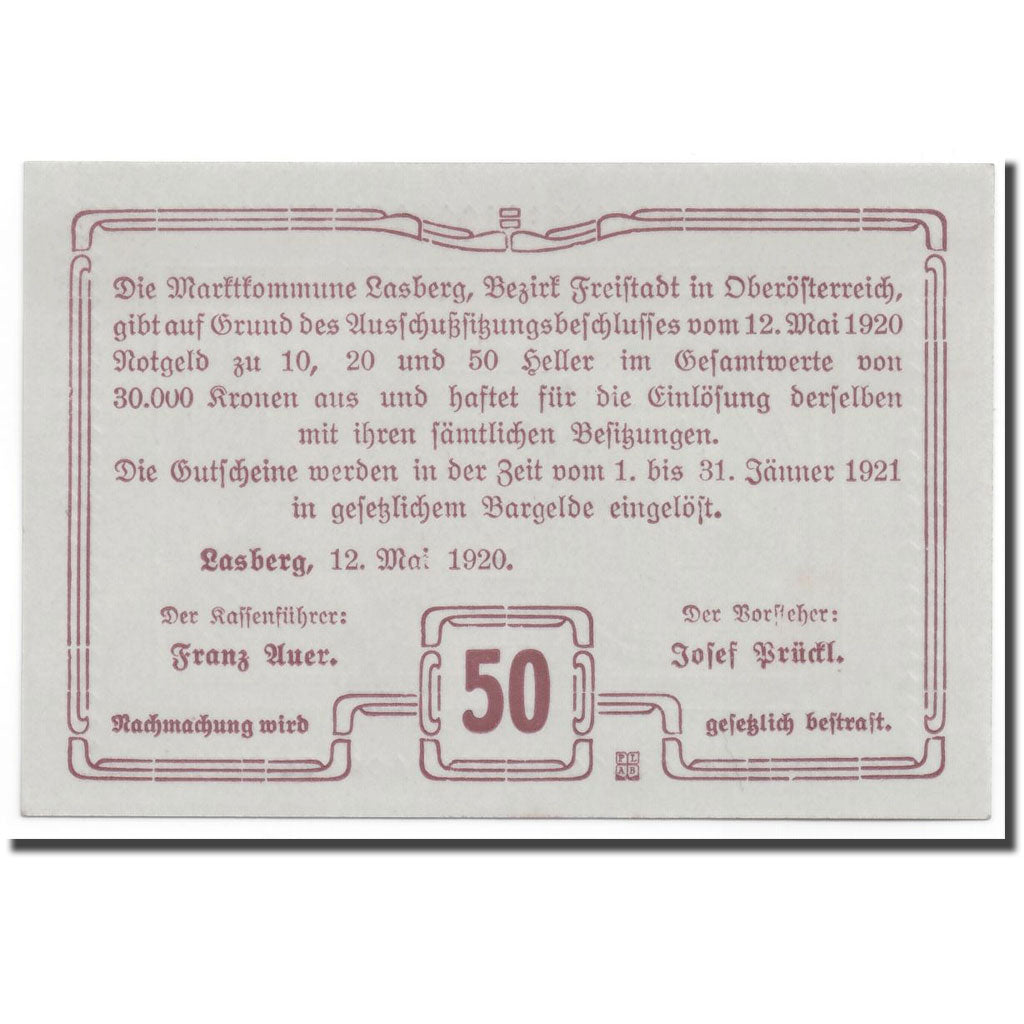 Geldschein, Österreich, Lasberg, 50 Heller, Ecusson, 1920, 1920-05-12, UNZ-