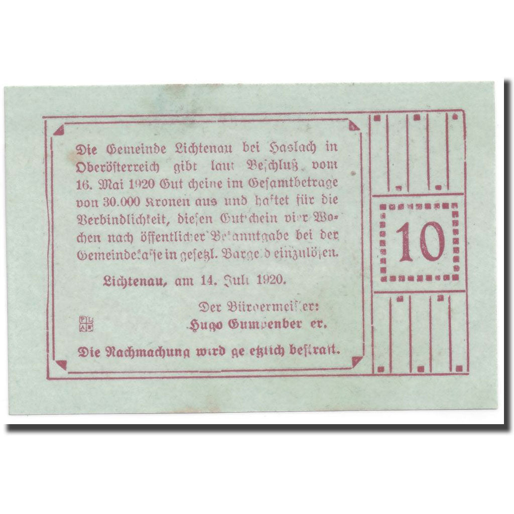 Geldschein, Österreich, Lichtenau, 10 Heller, Ecusson, 1920, 1920-07-14, UNZ-