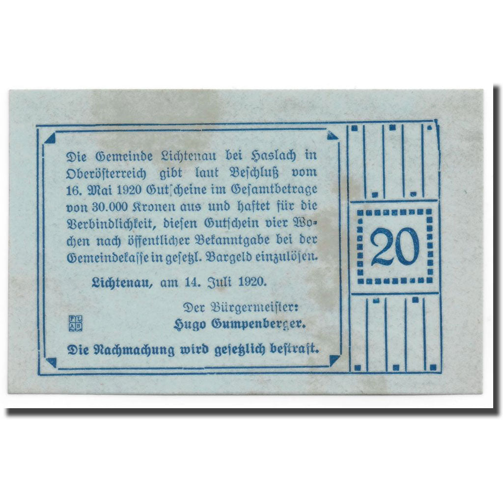 Geldschein, Österreich, Lichtenau, 20 Heller, personnage, 1920, 1920-07-14