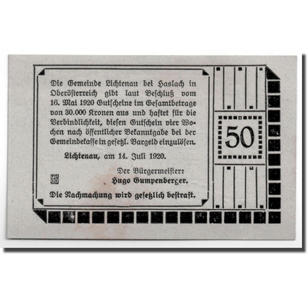 Geldschein, Österreich, Lichtenau, 50 Heller, château, 1920, 1920-07-14, UNZ-