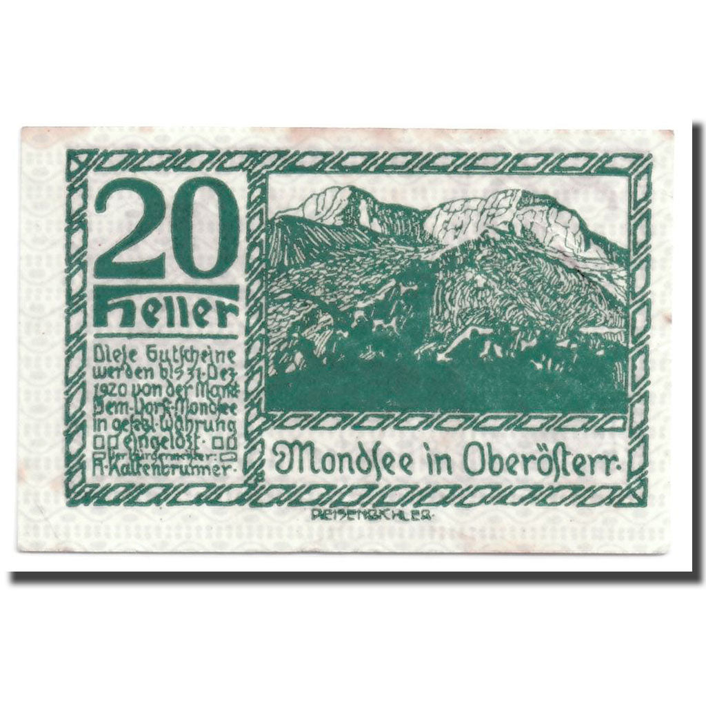 Geldschein, Österreich, Mondsee in Oberösterr., 20 Heller, paysage, UNZ-