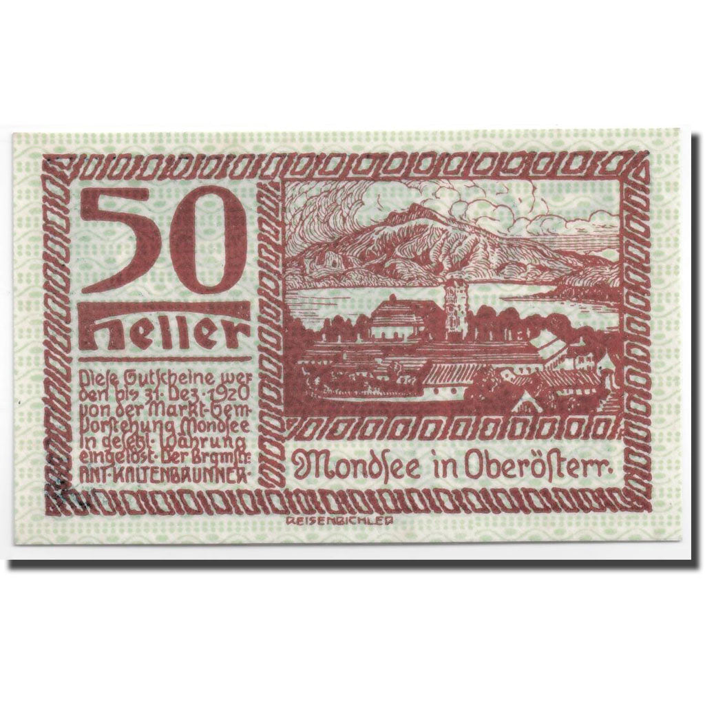 Geldschein, Österreich, Mondsee in Oberösterr., 50 Heller, paysage, UNZ-