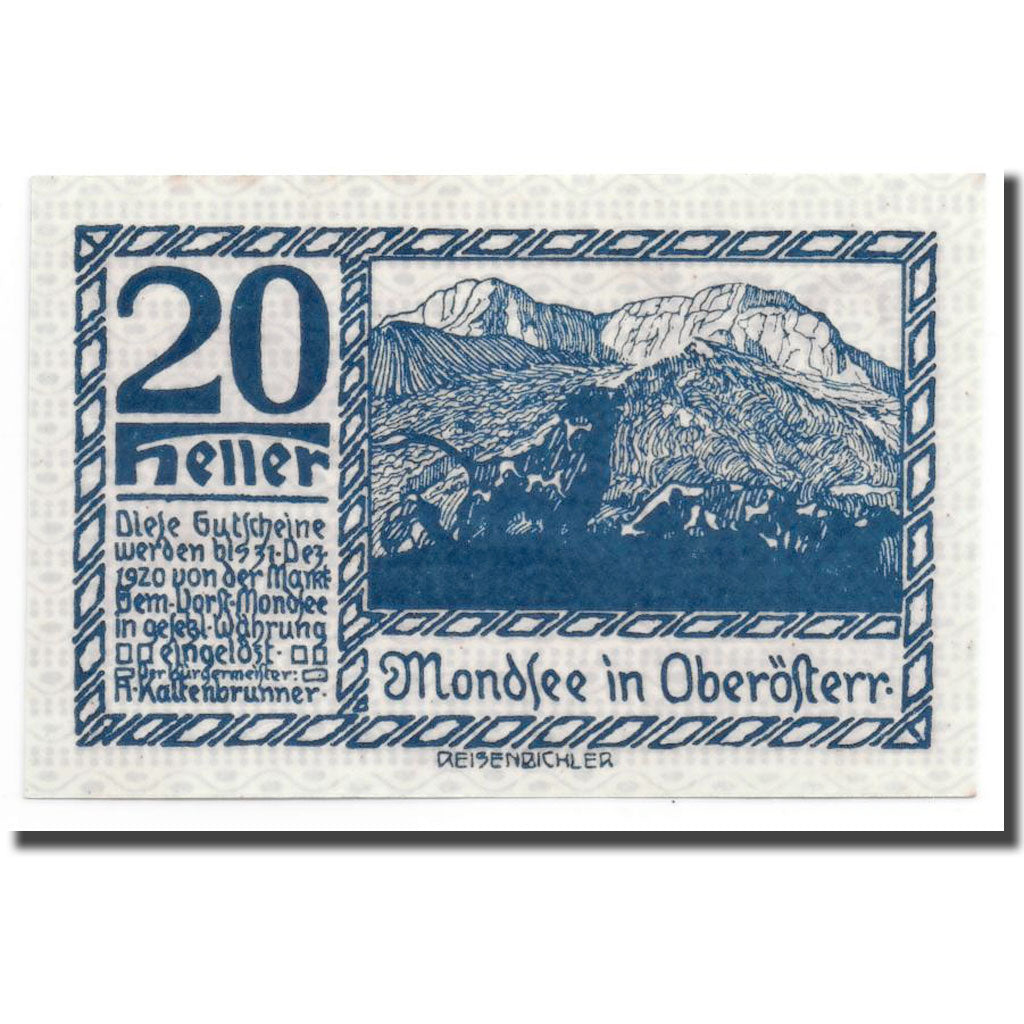 Geldschein, Österreich, Mondsee in Oberösterr., 20 Heller, paysage, UNZ-