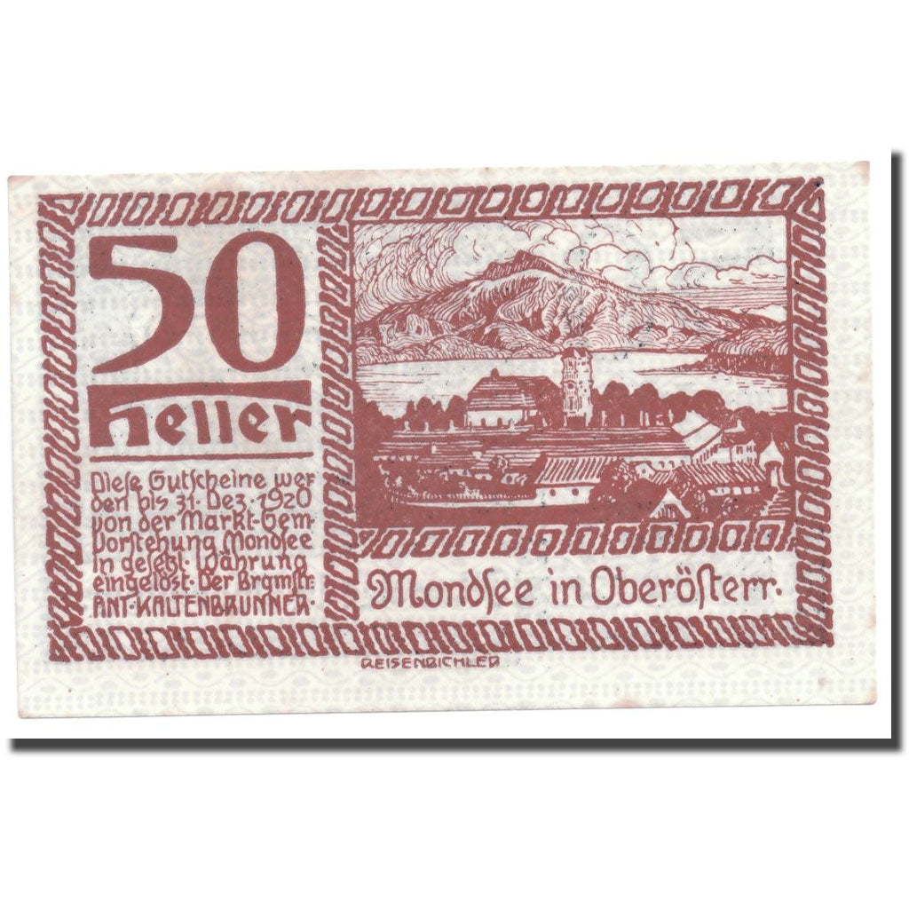 Geldschein, Österreich, Mondsee in Oberösterr., 50 Heller, paysage, UNZ-