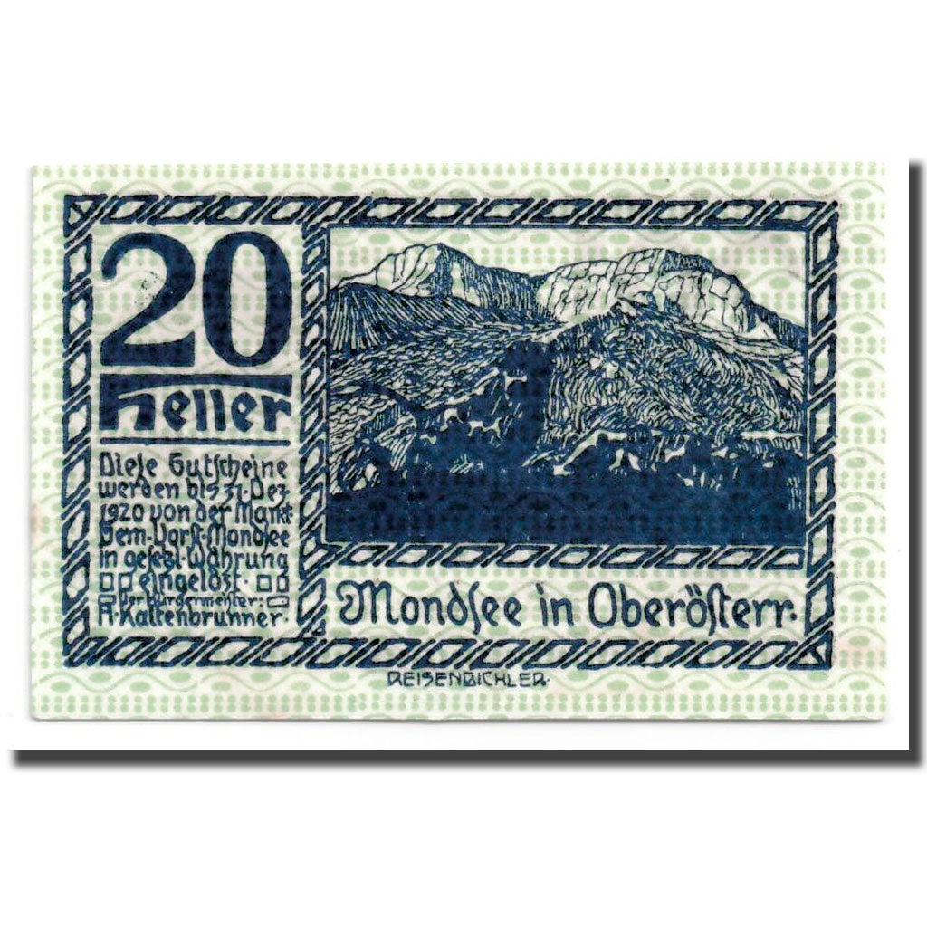 Geldschein, Österreich, Mondsee in Oberösterr., 20 Heller, paysage, UNZ-