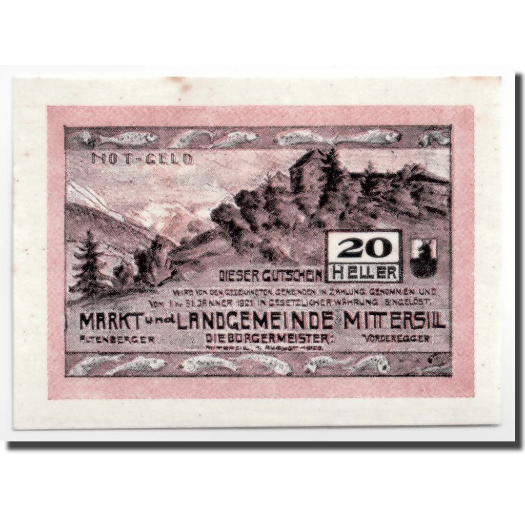 Geldschein, Österreich, Mittersill, 20 Heller, paysage, 1920, 1920-08-04, UNZ-