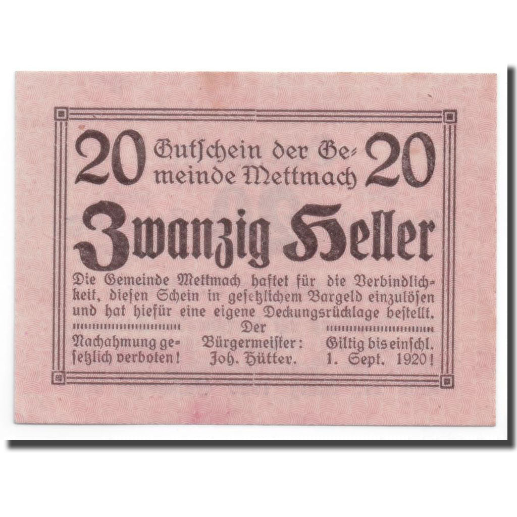 Geldschein, Österreich, Mettmach, 20 Heller, graphique, 1920, 1920-03-21, UNZ-