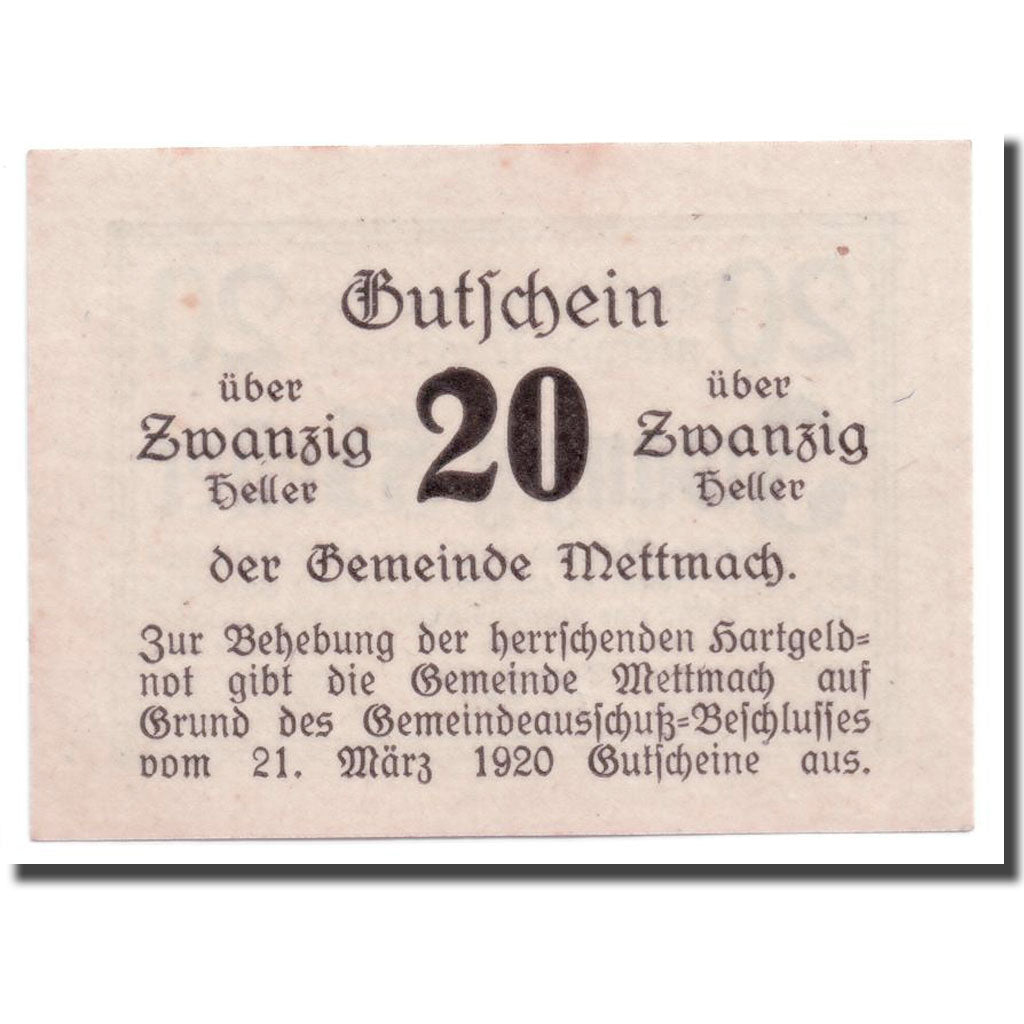Geldschein, Österreich, Mettmach, 20 Heller, graphique, 1920, 1920-03-21, UNZ-