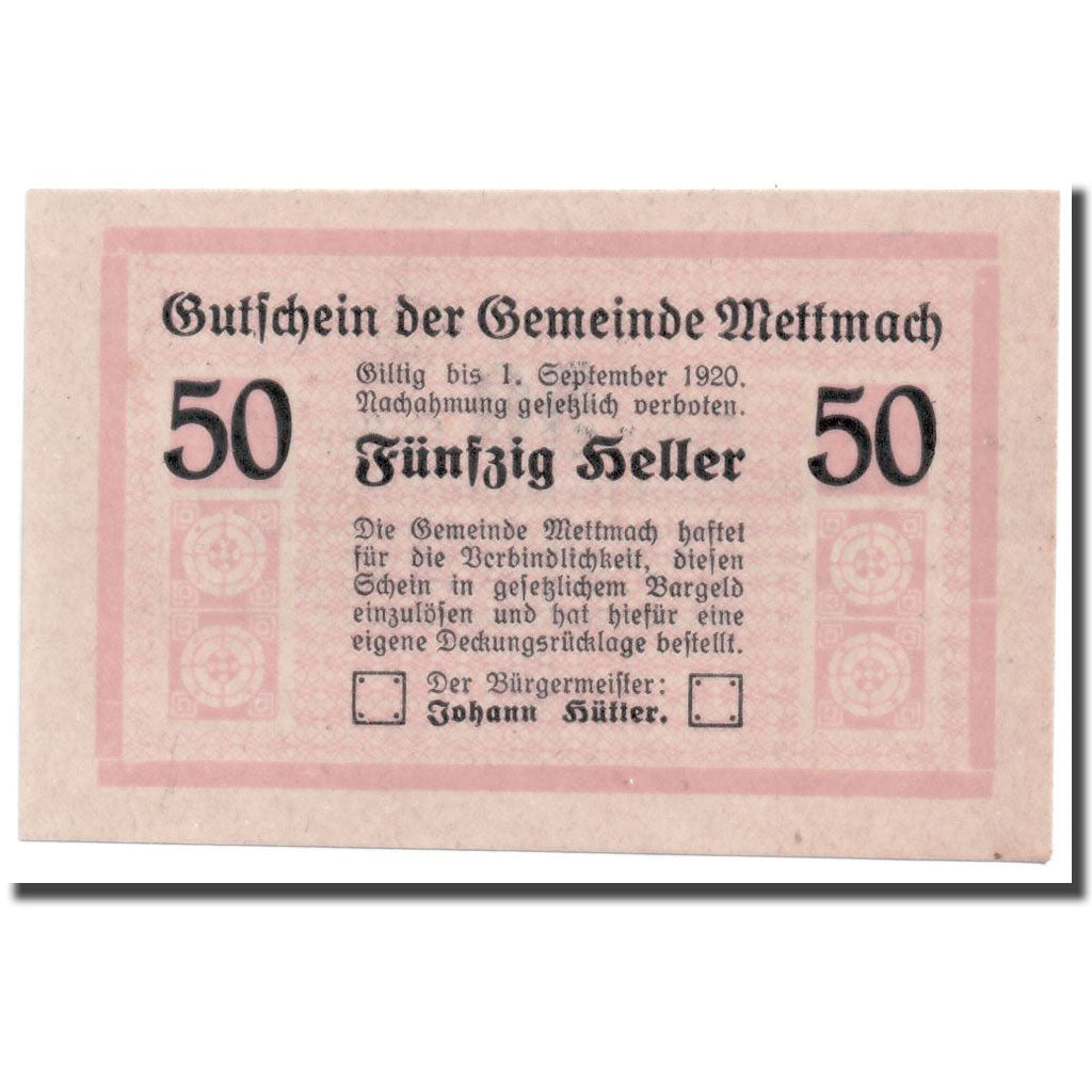 Geldschein, Österreich, Mettmach, 50 Heller, graphique, 1920, 1920-03-21, UNZ-