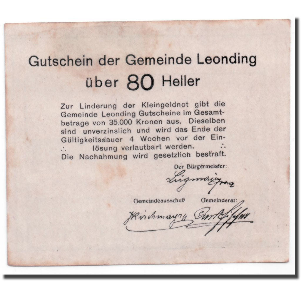 Geldschein, Österreich, Leonding, 80 Heller, village, UNZ-, Mehl:513a