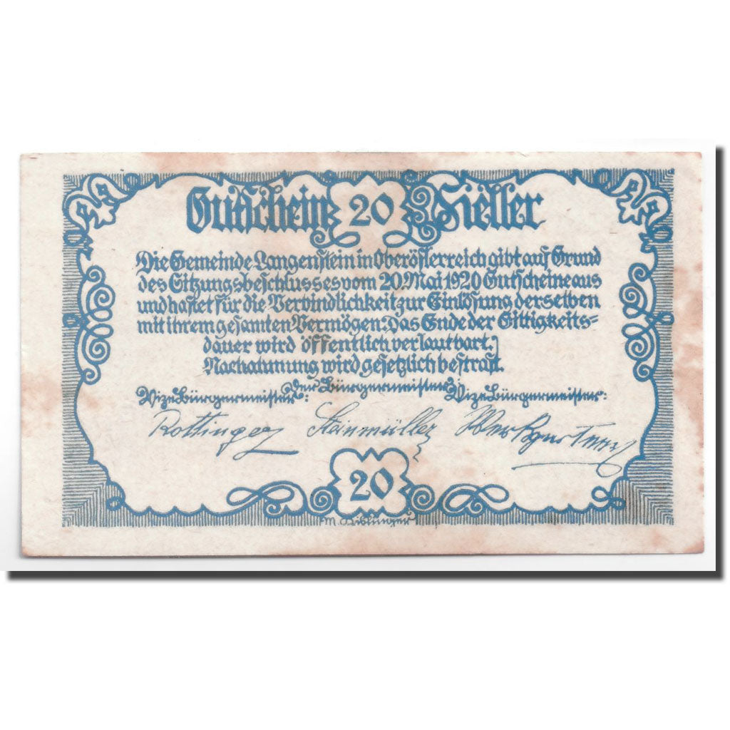 Geldschein, Österreich, Langenstein, 20 Heller, château, 1920, 1920-05-20