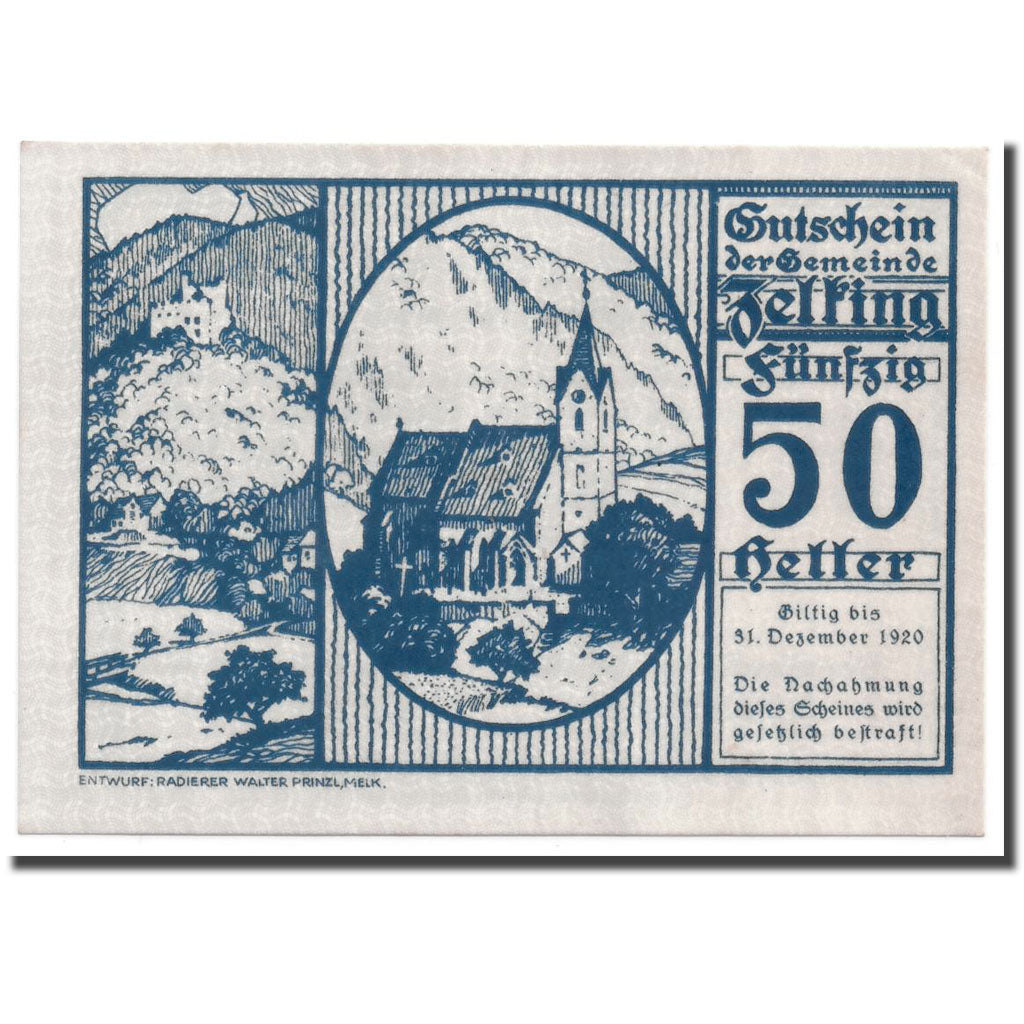 Geldschein, Österreich, Zelking, 50 Heller, Eglise, 1920, 1920-12-31, UNZ-