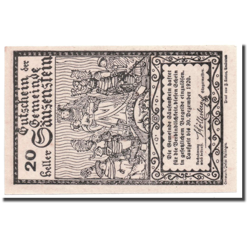 Geldschein, Österreich, Säusenstein N.Ö. Gemeinde, 20 Heller, personnage