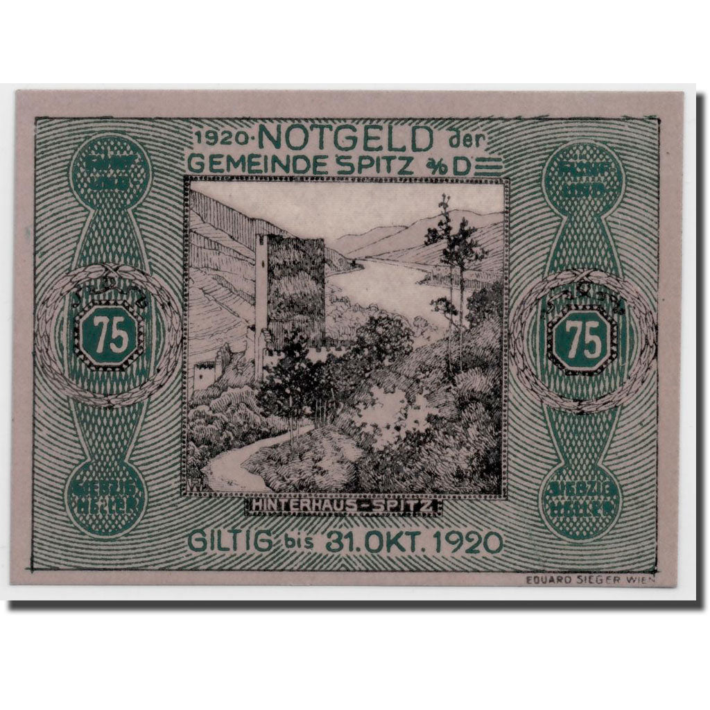 Geldschein, Österreich, Spitz an der Donau, 75 Heller, paysage, 1920