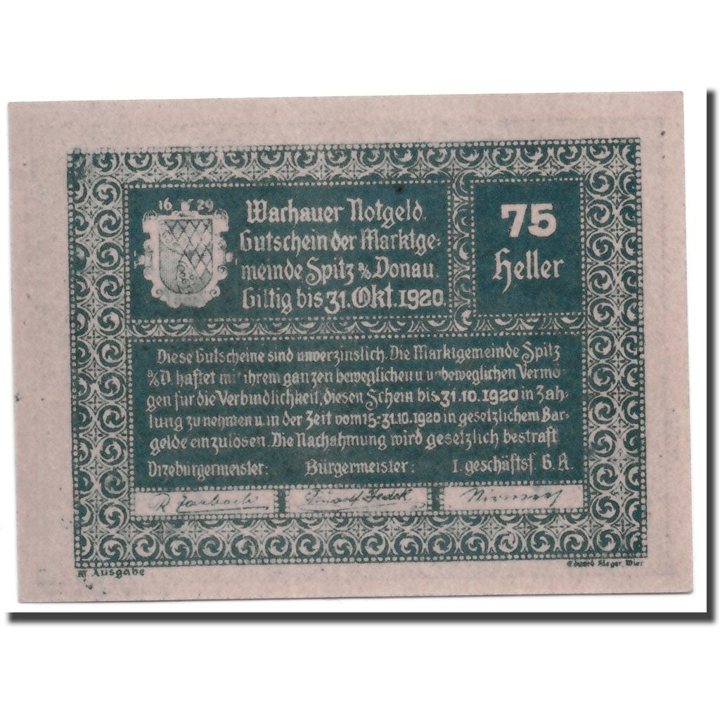 Geldschein, Österreich, Spitz an der Donau, 75 Heller, paysage, 1920