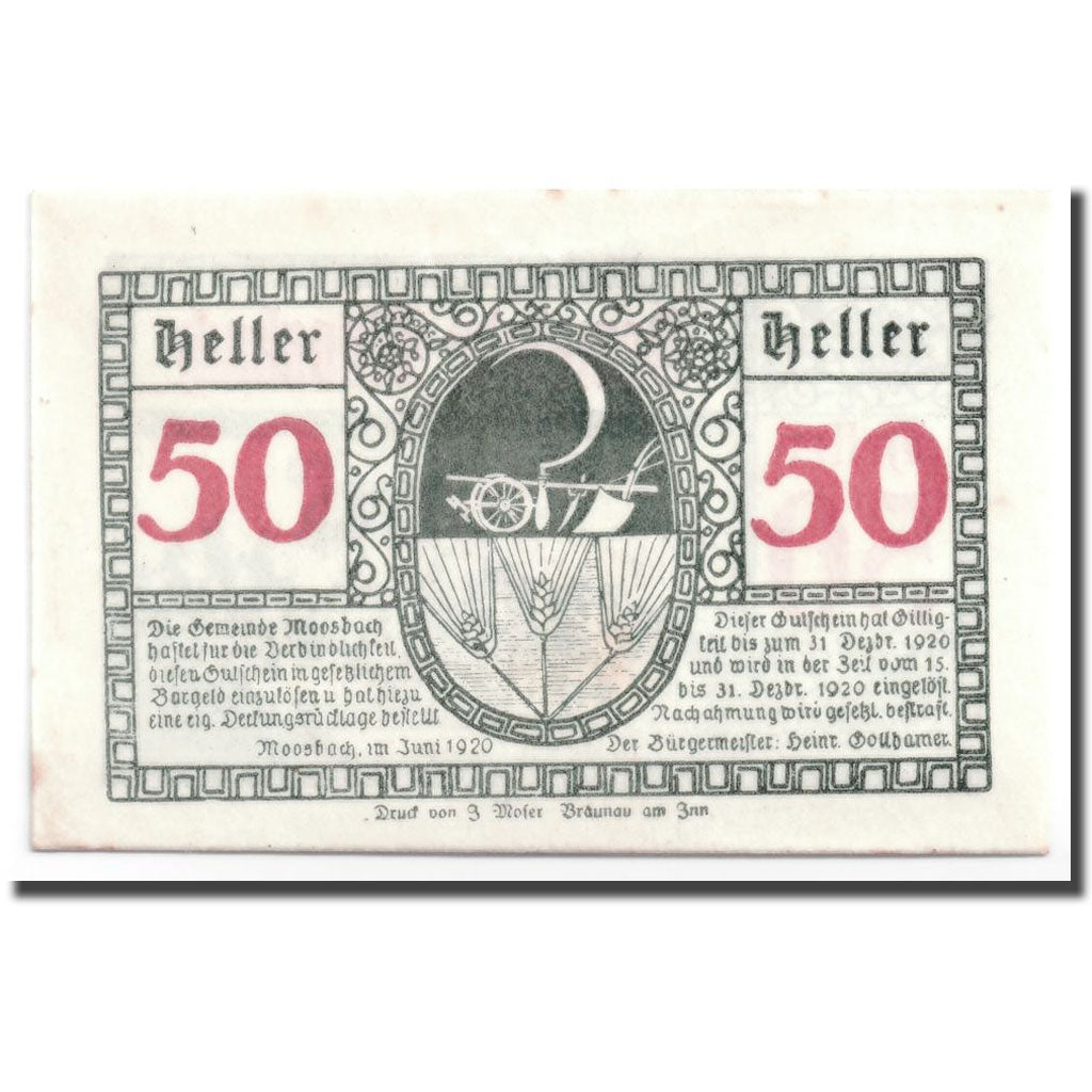 Geldschein, Österreich, Moosbach, 50 Heller, paysage, 1920, UNZ-, Mehl:628ax