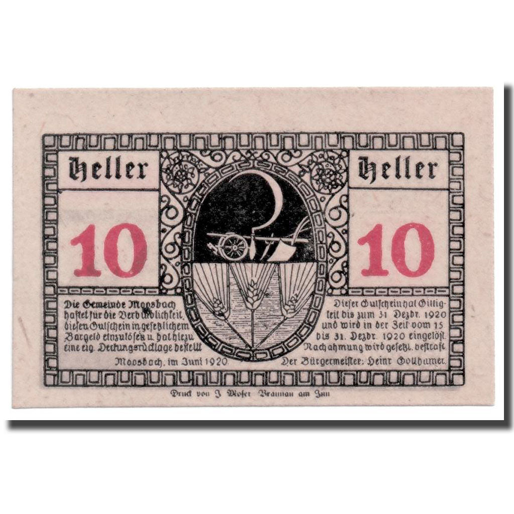 Geldschein, Österreich, Moosbach, 10 Heller, paysage, 1920, UNZ-, Mehl:628a