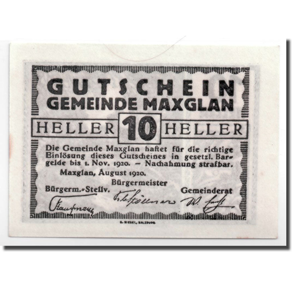 Geldschein, Österreich, Maxglan, 10 Heller, pont, 1920, KM:602a, UNZ-
